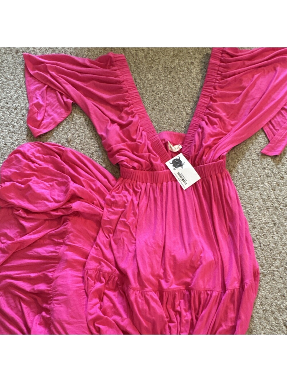 Lavender J Fuchsia Maxi Dress Ruffle Accents Lined V-Neck Size S 95% Rayon